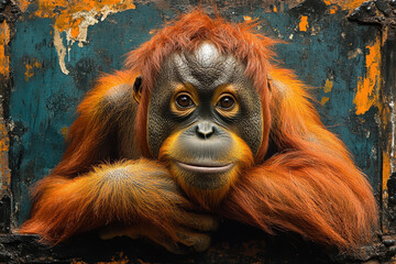 Orangutan with striking orange fur gazes curiously from a weathered background in a close-up setting