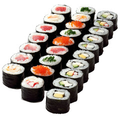 Wall Mural - Delicious sushi rolls arranged neatly, showcasing various ingredients and colors, perfect for culinary feast