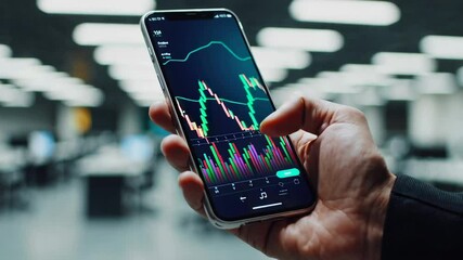 Poster - Financial expert carefully reviewing stock market data on smartphone, navigating trading operations within contemporary office workspace, displaying professional technological engagement