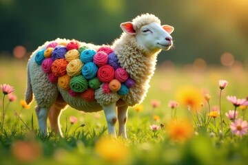 a fluffy lamb adorned with a vibrant array of colorful yarn roses, standing peacefully in a sun-dren