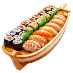 Wall Mural - Delicious sushi platter served on wooden boat, featuring various types of sushi rolls and sashimi, showcasing vibrant colors and fresh ingredients