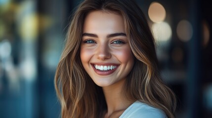 Wall Mural - A young woman with long hair smiling softly, looking away from the camera.