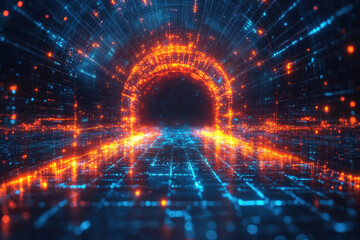 Poster - Digital tunnel with glowing lights creates a mesmerizing futuristic atmosphere in a virtual landscape