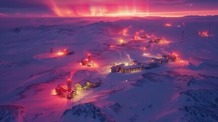 Poster - Colorful auroras create a stunning backdrop for a secluded settlement featuring brightly lit buildings, set against a winter landscape at dusk.