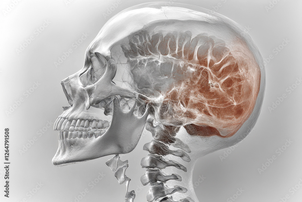 Detailed illustration of a human skull with transparent view of the ...