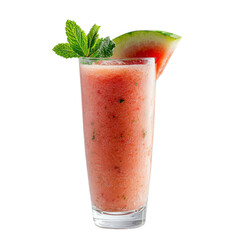 Poster - Refreshing watermelon smoothie in tall glass garnished with mint leaves and slice of watermelon. Perfect for summer enjoyment and hydration
