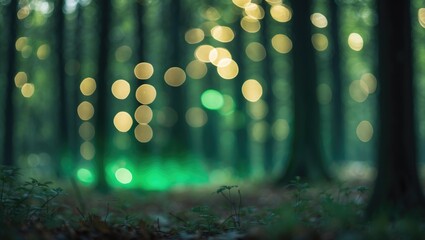 Poster - Out-of-focus forest background with soft glowing bokeh lights and green tones suitable for text overlay. Copy Space.