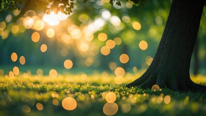 Poster - sunlit forest scene with tree trunk and bokeh effect in soft focus, warm golden light filtering thro