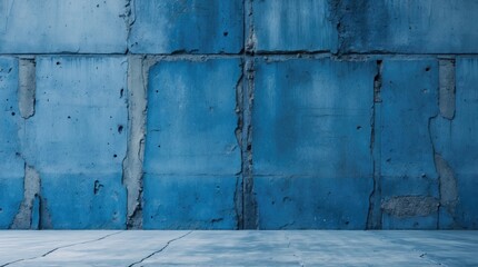 Poster - Blue concrete wall with cracks and textures in industrial setting featuring empty floor space for copy placement.