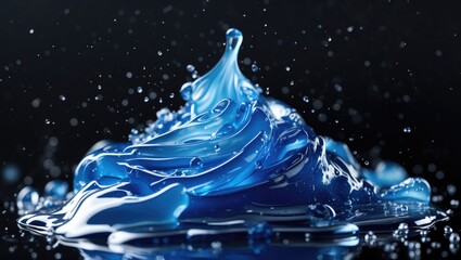 Poster - Close-up of a splash of blue liquid with droplets on a dark background showcasing fluid motion and texture Copy Space