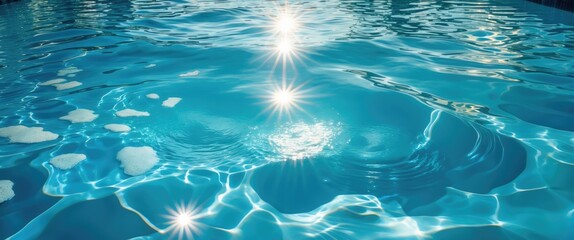 Poster - Clear blue swimming pool water with sunlight reflections and gentle ripples. Copy Space available for text placement.