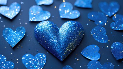 Poster - Blue glitter hearts on dark background with sparkling confetti, decorative elements, and copy space available