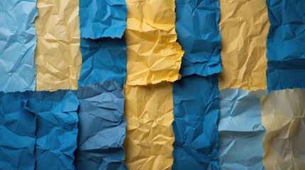 Poster - Colored crumpled paper texture in blue and yellow tones arranged in a pattern with copy space for text placement