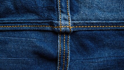 Poster - Close-up view of blue denim fabric showing seam and stitching details with prominent orange thread and textured background Copy Space