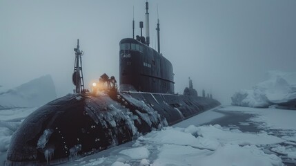 Aufkleber - Crew members on a submarine are gearing up to explore icy waters in a foggy Arctic environment. Ice covers the surface, creating a challenging atmosphere for navigation.