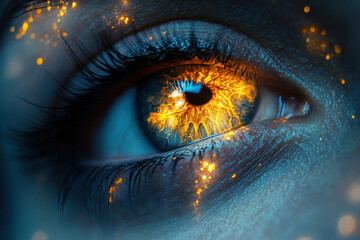 Poster - beautiful close-up of a human eye with glowing golden patterns and vibrant colors during a creative 