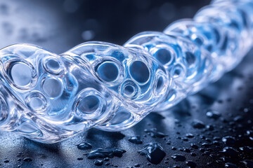 Poster - Unique design of transparent twisting glass with bubbles on a dark surface illuminated by soft light