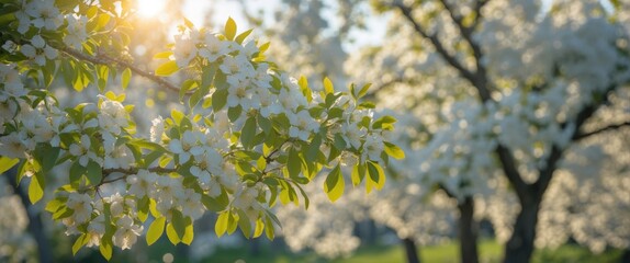 Poster - flowering tree branches with white blossoms illuminated by sunlight in a garden setting, natural bac