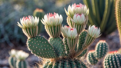 Poster - cactaceae plant with blooming flowers in natural desert environment featuring detailed spines and vi