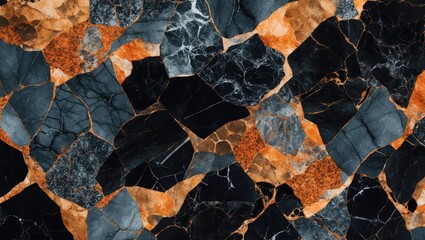 Sticker - Textured dark and colorful marble surface with orange accents and various stone patterns suitable for backgrounds and designs Copy Space