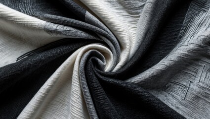 Poster - Black and white textured fabric swirl background with intricate patterns and smooth folds suitable for fashion or interior design, Copy Space
