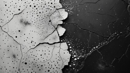 Poster - Abstract texture of cracked concrete surface with black and white tones featuring spherical patterns and rough edges, Copy Space
