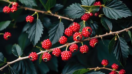 Poster - red berries on branches with glossy green leaves against a dark background nature detail with copy s
