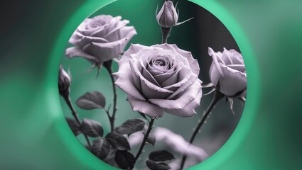Poster - Black and white roses with green circular frame on blurred background Copy Space