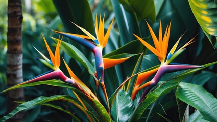 Poster - colorful bird of paradise flowers among lush green tropical foliage with vibrant colors and textures