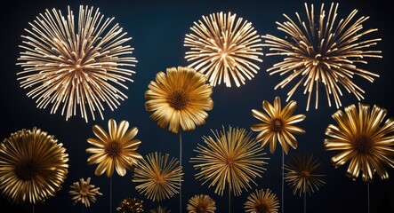 Wall Mural - Golden flowers and fireworks in a dark background composition with varying sizes and shapes Copy Space