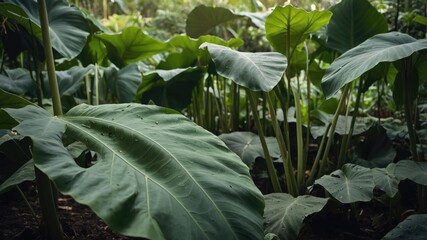 Poster - tropical foliage with large green leaves in a lush garden setting natural environment with soft ligh