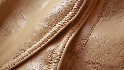 Poster - Close-up view of textured beige synthetic leather surface with stitching details and wrinkles, ideal for fashion or upholstery use. Copy Space