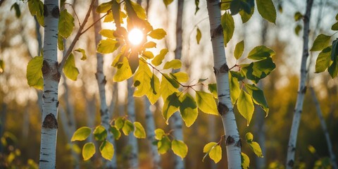 Poster - Sunlight filtering through birch tree leaves in a natural landscape with green foliage against a blurred background Copy Space