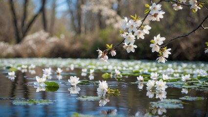 Poster - Blossoming white flowers on water surface with lush green lily pads in tranquil natural setting during sunny day