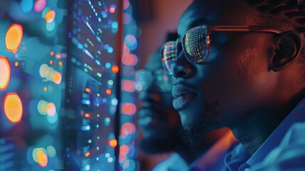Leinwandbilder - Two tech professionals intently examine data displayed on screens illuminated with vibrant lights during a late night work session at a contemporary office.