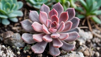 Poster - colorful succulent plant close-up with thick leaves in a garden setting with blurred background and 
