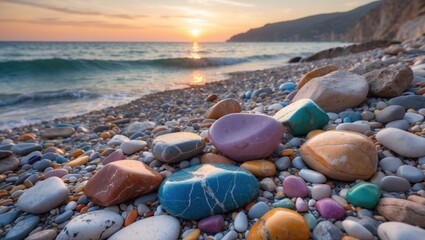 Poster - Colorful smooth pebbles on a beach during sunset with ocean waves in the background and rocky coastline visible Copy Space
