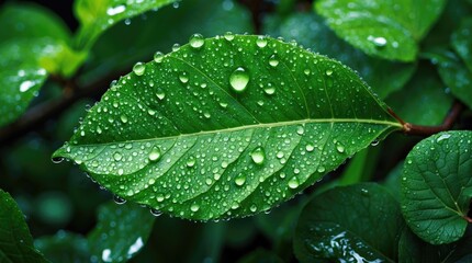 Poster - green leaf with water droplets on surface capturing freshness and natural beauty with copy space for