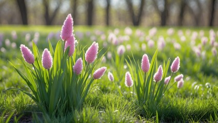 Poster - Pink flowering plants in green grassy field under soft sunlight with blurred background showcasing natural beauty and Copy Space