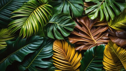 Poster - tropical leaves background with various shades of green, yellow, and brown textures. natural foliage