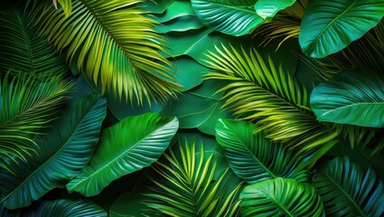 Poster - tropical green leaves background texture with various palm and foliage plants natural pattern copy s