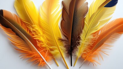 Poster - Colorful and vibrant collection of feathers in yellow, orange, and brown arranged artistically on a white background with Copy Space