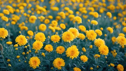 Poster - Field of vibrant yellow flowers in full bloom with lush green foliage and natural lighting, suitable for backgrounds and floral themes Copy Space