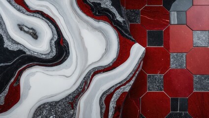 Poster - Abstract patterned surface with swirls of white, red, and black marble alongside hexagonal red and gray tiles, Copy Space available
