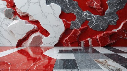 Poster - Abstract interior design with textured marble wall in red and gray tones and polished tile floor, ideal for modern decor concepts. Copy Space