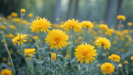Poster - Vibrant field of bright yellow flowers in full bloom with green foliage in a serene outdoor setting Copy Space