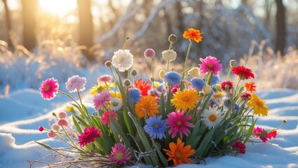 Poster - Colorful flower arrangement blooming in snow during winter sunlight with blurred background and warm tones Copy Space