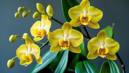 Poster - yellow orchids with green leaves against a dark background displaying intricate details and natural 