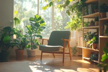 Aufkleber - Cozy indoor space with a comfy chair surrounded by vibrant green plants and warm sunlight streaming through the window