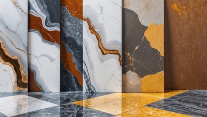 Poster - Variety of marble stone slabs with different patterns textures and colors displayed vertically on a floor with geometric patterns Copy Space